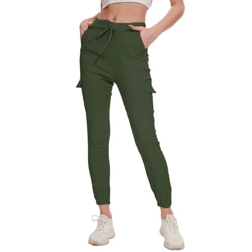 Nuofengkudu Damen Skinny Cargo Hose Cuffed Leggings 4 Taschen Tunnelzug High Waist Buendchen Jogginghose Slim Fit Slip-On Stretch Cargohose Teenager Mädchen Gothic Hosen Joggpants Armee Grün Größe 38 von Nuofengkudu