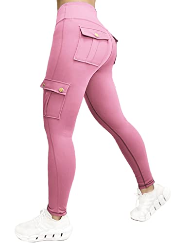 Nuofengkudu Damen Sport Cargo Leggings mit Taschen High Waist Stretch Cargohose Eng Hosen Push up Sportleggins Stretch Jeggings Gym Fitness Outdoor Workout Sporthose Y-Rosa 2XL von Nuofengkudu