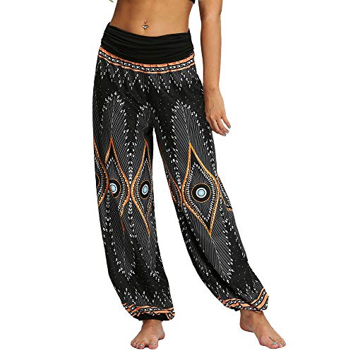 Nuofengkudu Damen Thai Hippie Hosen Haremshosen Baggy Yogahosen Leichte Boho Print Pluderhose High Waist Pumphose Strandhose (Schwarz Pfau,S) von Nuofengkudu