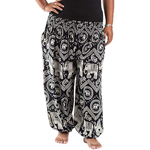 Nuofengkudu Herren Damen Lockere Hippie Hosen Haremshose Große Größen Boho Bbunte Pumphosen Stoffhose Indische Yogahosen Leichte Sommerhose (Schwarz Elephant,One Size) von Nuofengkudu