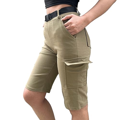 Nuofengkudu Petite Cargohose Damen Kurz Hosen mit Tasche Knielang Stretch High Waist Sommer Kurze Arbeitshose Joggpants Freizeithose Teenager Mädchen Leicht Y2k Sport Jogging Shorts Khaki,L von Nuofengkudu