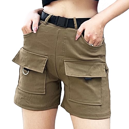 Nuofengkudu Petite Cargohose Damen Kurz Hosen mit Tasche Stretch High Waist Sommer Kurze Arbeitshose Joggpants Freizeithose Teenager Mädchen Leicht Y2k Hotpants Sport Jogging Shorts Khaki M von Nuofengkudu