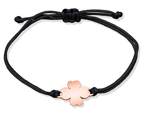 Nuoli® Kleeblatt Armband Damen Rosegold (bis 20cm verstellbar) Glücksbringer Armbändchen für Mädchen & Frauen, aus schwarzem Stoff mit Metall Anhänger von Nuoli