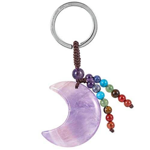 Nupuyai Kristall Mond Schlüsselanhänger mit 7 Chakra Stein Perlen Quaste Schlüsselring für Damen und Herren Halbmond Anhänger Schlüsselbund Taschenanhänger Glücksbringer Talisman Amethyst von Nupuyai