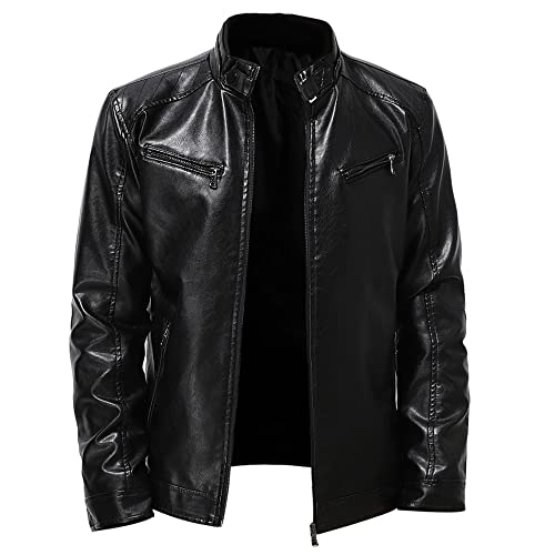 Nuzai Wasserfeste Jacke Herren Regular Fit Mode Stehkragen Motorradjacke Herren Einfarbig Reißverschluss Winddichte Jacke Herren Vintage Trend Lederjacke Herren von Nuzai