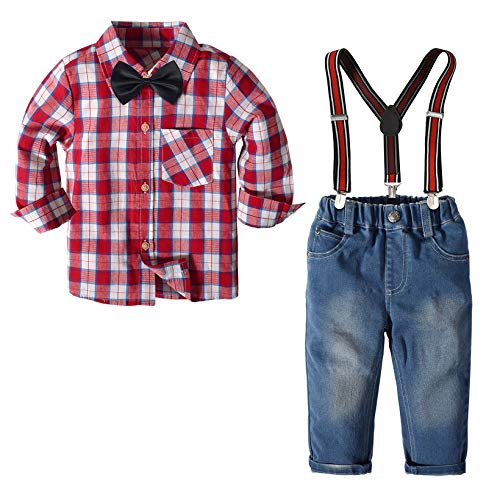 Nwada Jungen Weihnachtskleidung Sets Langarm Schleifen Krawatten Hemden + HosenträGer Hosen Jeans Kleinkind Junge Gentleman Outfits Rot 6 Jahre von Nwada