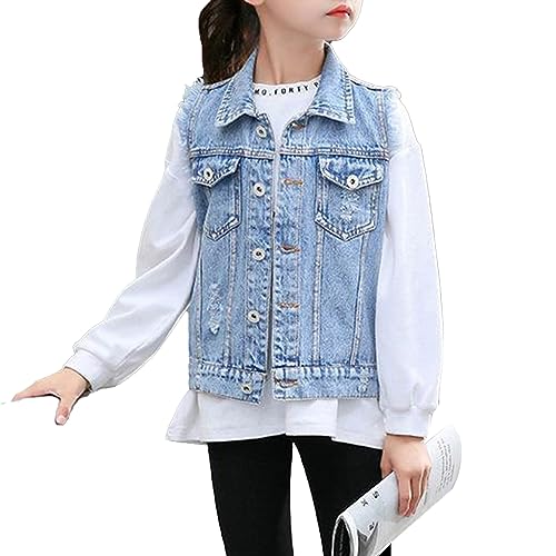 Nyeemya Mädchen Ärmellose Jeansjacke Denim Outfit Jacke Zerrissene Jeansweste Frühling Herbst Weste Mantel mit Knopf für Kinder Hellblau 146-152 von Nyeemya