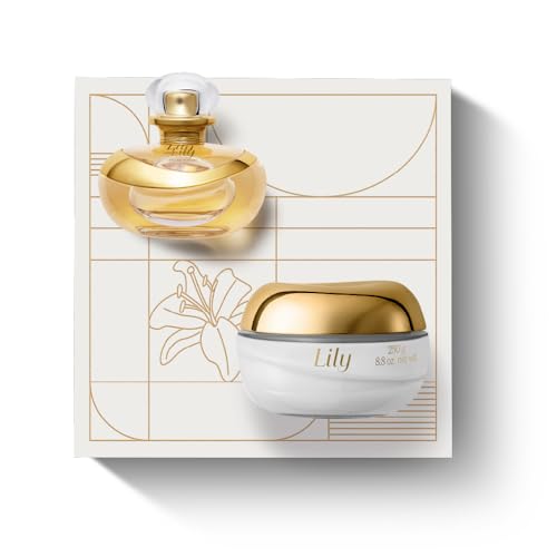 O Boticário Lily Coffret Geschenkset Parfüm und Hautpflege mit 2 Produkten in weißer Box, Lily Feuchtigkeitscreme, parfümiert, Satin, 250 g und Lily Parfum Eau de Parfum EDP, 75 ml von O Boticário