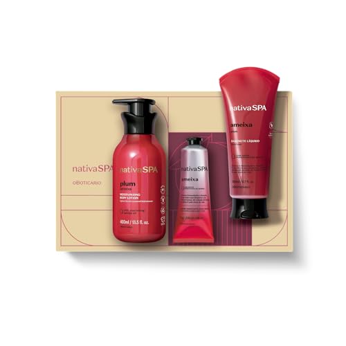 O Boticário Nativa SPA Pflaume Coffret Geschenkset Hautpflege mit 3 Produkten und beigefarbener Box, Feuchtigkeitscreme für Körper, 400 ml, Handcreme 75 g und Duschgel 200 g von O Boticário