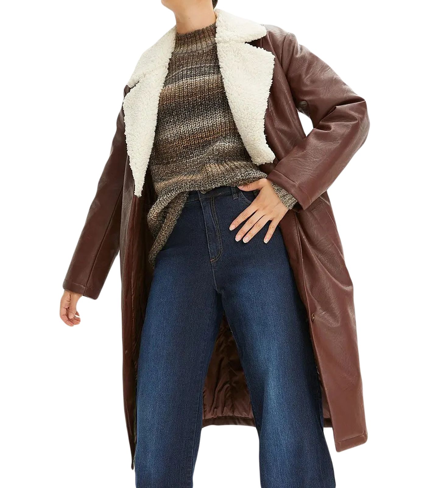 Damen Lederimitat-Mantel mit Teddyfell Kragen Oversized Alltags-Mantel Langarm-Jacke Übergangs-Jacke 915415 Dunkelbraun/Creme Damen Lederimitat-Mantel mit Teddyfell Kragen Oversized Alltags-Mantel Langarm-Jacke Übergangs-Jacke 915415 Dunkelbraun/Creme von O46bpx
