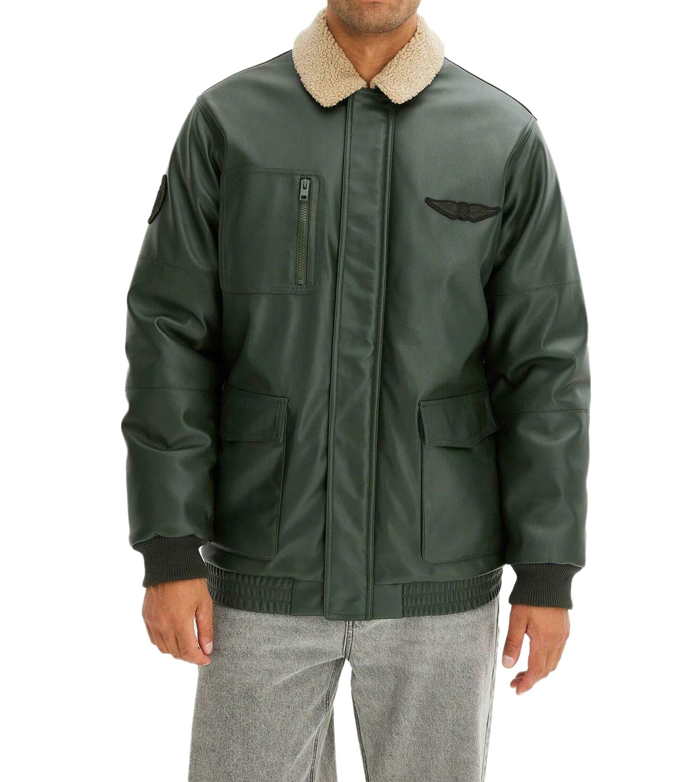 Herren Piloten-Jacke aus Lederimitat stylische Outdoor-Jacke mit Teddykragen 934067 Olivgrün Herren Piloten-Jacke aus Lederimitat stylische Outdoor-Jacke mit Teddykragen 934067 Olivgrün von O46bpx