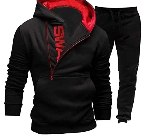 Herren Trainingsanzug Set Oversized Sweatshirt Herren Langarm Jogginganzug Lässiger Lockerer Herren Pullover Seitlicher Reißverschluss Fleece Sportanzug Elegante Sportbekleidung Schwarz Rot XL von OADOBKICE