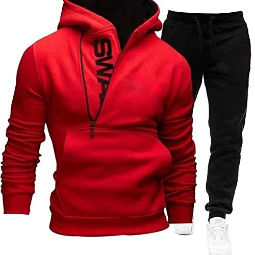 OADOBKICE Herren Trainingsanzug Set Oversized Sweatshirt Herren Langarm Jogginganzug Lässiger Lockerer Herren Pullover Seitlicher Reißverschluss Fleece Sportanzug Elegante Sportbekleidung Rot L von OADOBKICE