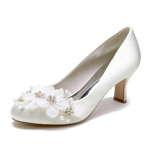 OAUSZC 36862-1R Damen Brautschuhe Niedriger Kitten Absatz Pumps Blumen Satin Runde Zehen Abend Party Hochzeitsschuhe,Elfenbein,36 EU von OAUSZC