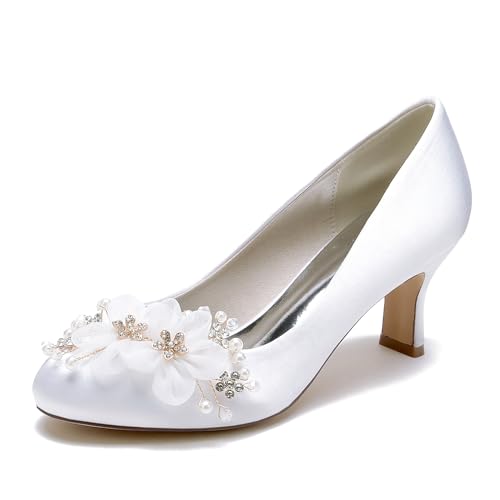 OAUSZC 36862-1R Damen Brautschuhe Niedriger Kitten Absatz Pumps Blumen Satin Runde Zehen Abend Party Hochzeitsschuhe,Weiß,36 EU von OAUSZC