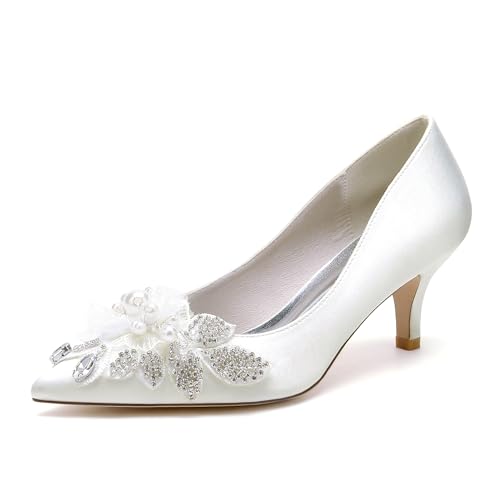 OAUSZC 6,9 cm Kitten Absatz Hochzeitsschuhe Damen Satin Blumen Geschlossener Zehen Perlen Pumps Braut Abendschuhe 6869-1T,Elfenbein,37 EU von OAUSZC