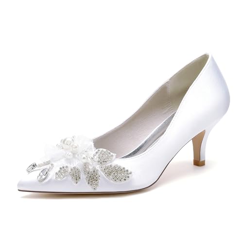 OAUSZC 6,9 cm Kitten Absatz Hochzeitsschuhe Damen Satin Blumen Geschlossener Zehen Perlen Pumps Braut Abendschuhe 6869-1T,Weiß,36 EU von OAUSZC