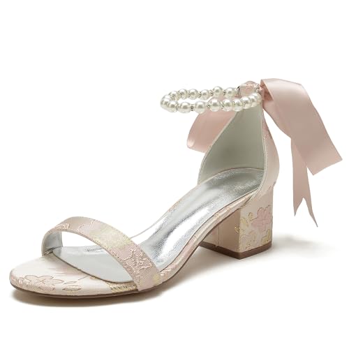 OAUSZC Brautschuhe Blockabsatz Damen Perlen Knöchelriemen Sandalen Satin Offene Zehen Hochzeits Party Schuhe 702-7H,Rosa,39 EU von OAUSZC