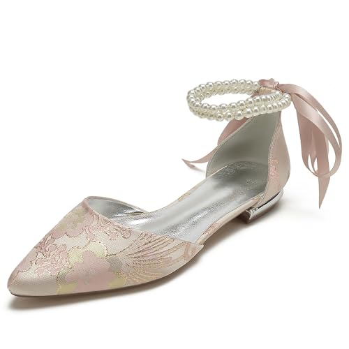 OAUSZC Damen Flache Hochzeitsschuhe Mit Perlen Satin Schleife Spitzer Zehen Knöchelriemen Braut Abend Party Brautjungfer Schuhe 5047-73H,Rosa,38 EU von OAUSZC