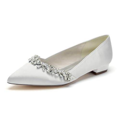 OAUSZC Damen Hochzeitsschuhe Flache Strass Satin Ballerinas Spitze Zehen Party Schuhe,Elfenbein,36 EU von OAUSZC