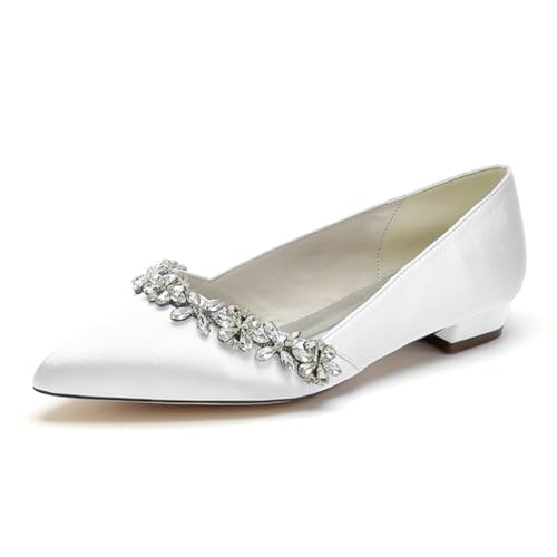 OAUSZC Damen Hochzeitsschuhe Flache Strass Satin Ballerinas Spitze Zehen Party Schuhe,Weiß,36 EU von OAUSZC