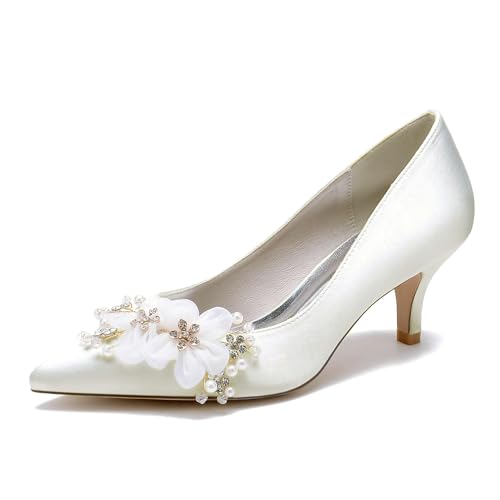 OAUSZC Damen Hochzeitsschuhe Niedrige Kitten Absatz Pumps Blumen Satin Geschlossene Zehen Brautschuhe 6869-1S,Elfenbein,37 EU von OAUSZC