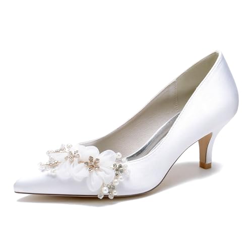 OAUSZC Damen Hochzeitsschuhe Niedrige Kitten Absatz Pumps Blumen Satin Geschlossene Zehen Brautschuhe 6869-1S,Weiß,36 EU von OAUSZC