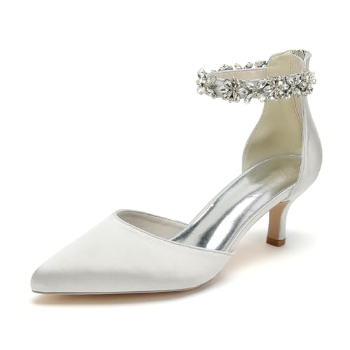 OAUSZC Damen Kitten Heels Hochzeit Schuhe Strass Satin Knöchelriemen Pumps Spitz Zehen Party Brautschuhe 2102-03A,Elfenbein,36 EU von OAUSZC