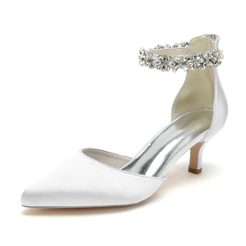 OAUSZC Damen Kitten Heels Hochzeit Schuhe Strass Satin Knöchelriemen Pumps Spitz Zehen Party Brautschuhe 2102-03A,Weiß,39 EU von OAUSZC