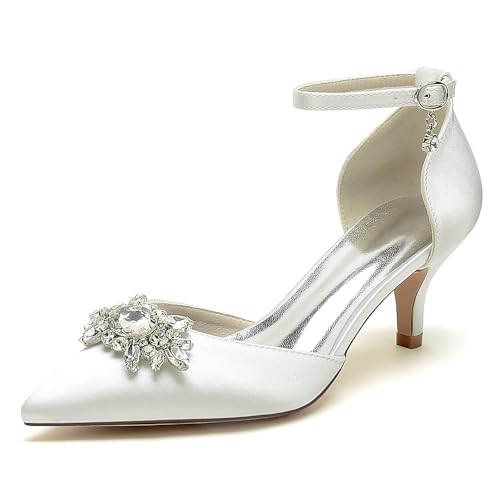 OAUSZC Damen Knöchelriemen Hochzeitspumps Niedrige Kitten Heels Satin Strass Spitze Zehen Abendschuhe 6869-15TY,Elfenbein,37 EU von OAUSZC