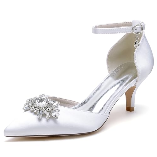 OAUSZC Damen Knöchelriemen Hochzeitspumps Niedrige Kitten Heels Satin Strass Spitze Zehen Abendschuhe 6869-15TY,Weiß,36 EU von OAUSZC