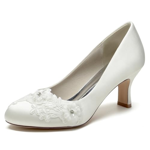 OAUSZC Damen Mittelhohem Kitten-Heels Brautschuhe Blumen Satin Geschlossene Zehen Pumps Hochzeit Abend Party Schuhe 36862-1RS,Elfenbein,37 EU von OAUSZC