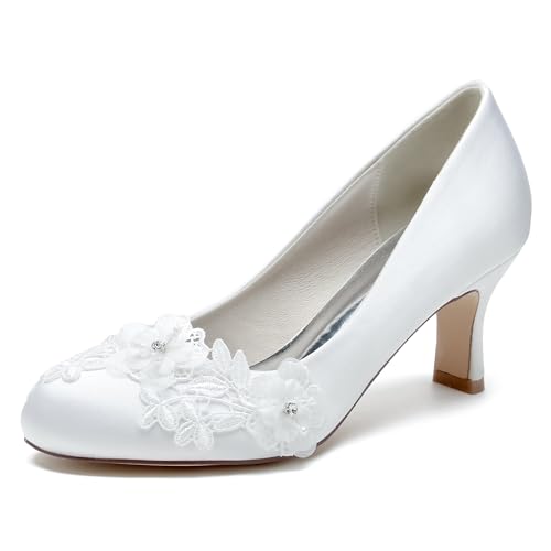 OAUSZC Damen Mittelhohem Kitten-Heels Brautschuhe Blumen Satin Geschlossene Zehen Pumps Hochzeit Abend Party Schuhe 36862-1RS,Weiß,38 EU von OAUSZC