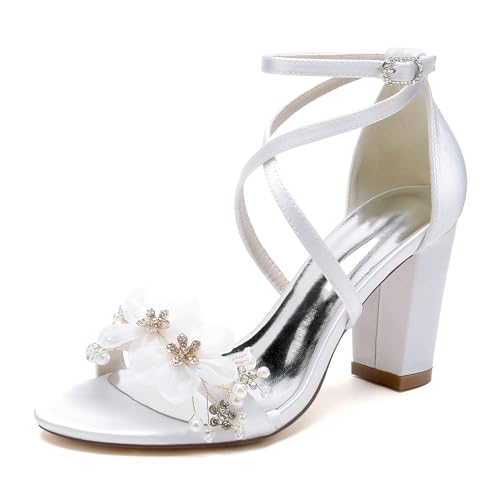 OAUSZC Damen Riemchen Brautsandalen Blockabsatz Satin Blumen Offene Zehen Party Hochzeit Schuhe 2022-13S,Weiß,42 EU von OAUSZC