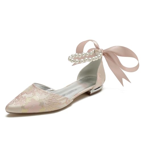 OAUSZC Damen Satin Hochzeits Ballerinas Perlen Knöchelriemen Spitze Zehen Flache Brautschuhe Abendschuhe 5047-37H,Rosa,38 EU von OAUSZC