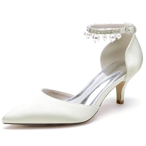 OAUSZC Damen Satin Kitten Heels Hochzeitsschuhe Perlen Knöchelriemen Pumps Spitze Zehen Party Prom Kleid Schuhe 6869-15FB,Elfenbein,38 EU von OAUSZC