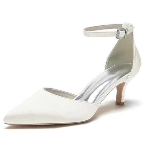 OAUSZC Damen Satin Mit Knöchelriemen Pumps Kitten Absatz Spitze Zehen Hochzeit Brautparty Party Schuhe 2102-01,Elfenbein,41 EU von OAUSZC