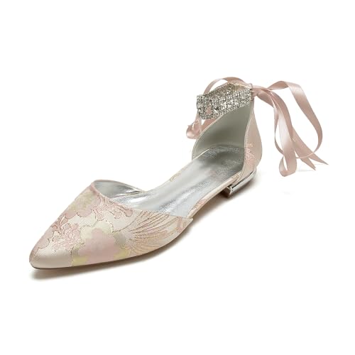 OAUSZC Flache Satin Brautschuhe Für Damen Ballerinas Mit Strass Knöchelriemen Spitze Zehen Brautjungfern Brautschuhe 5047-74H,Rosa,36 EU von OAUSZC