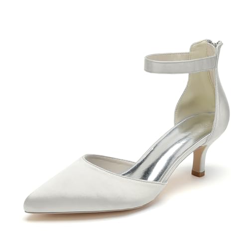 OAUSZC Frauen Kitten Heels Pumps Knöchelriemen Spitz Zehen Satin Hochzeit Brautschuhe Schuhe,Elfenbein,40 EU von OAUSZC