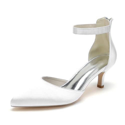 OAUSZC Frauen Kitten Heels Pumps Knöchelriemen Spitz Zehen Satin Hochzeit Brautschuhe Schuhe,Weiß,38 EU von OAUSZC