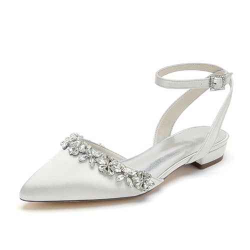 OAUSZC Hochzeit Ballerinas Damen Slingback Strass Satin Knöchelriemen Spitzer Zehen Brautsandalen 9107-07A,Elfenbein,41 EU von OAUSZC