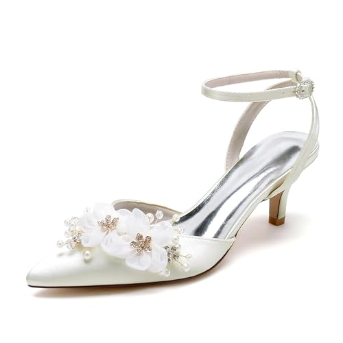 OAUSZC Satin Hochzeitsschuhe Sandalen Kitten Absatz 6cm Damen Blumen Knöchelriemen Spitze Zehen Party Abschlussball Brautschuhe 6869-29S,Elfenbein,36 EU von OAUSZC