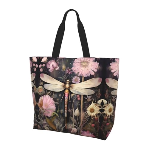 OBAOYY Libelle mit rosa Blumen Stoffbeutel wiederverwendbare Frauen Schulter Reise Strandtasche Einkaufen Arbeit täglich – stilvolle Umhängetasche, Schwarz, One Size, schwarzes, Einheitsgröße von OBAOYY