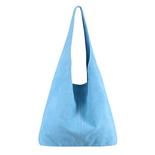 OBC Made IN Italy Damen Leder Tasche Handtasche Wildleder Shopper Schultertasche Hobo-Bag Henkeltasche Beuteltasche Velourleder (Himmelblau (Wildleder)) von OBC Only-Beautiful-Couture