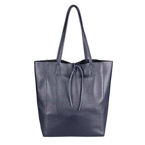 OBC Made in Italy Damen Leder Tasche DIN-A4 Shopper Schultertasche Henkeltasche Tote Bag Metallic Handtasche Umhängetasche Beuteltasche (Dunkelblau 36x40x12 cm) von OBC Only-Beautiful-Couture