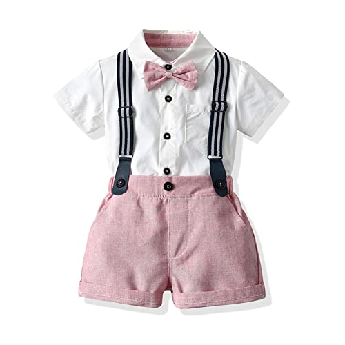 Baby Jungen Gentleman Outfit Anzüge, Kurzarm Strampler Shirt Hosenträger Hose Fliege Sommer Kleidung Sets Jungen T-Shirt Kurze Ärmel Trägerhose mit Taschen Rosa 2-3 Jahre von OBEEII