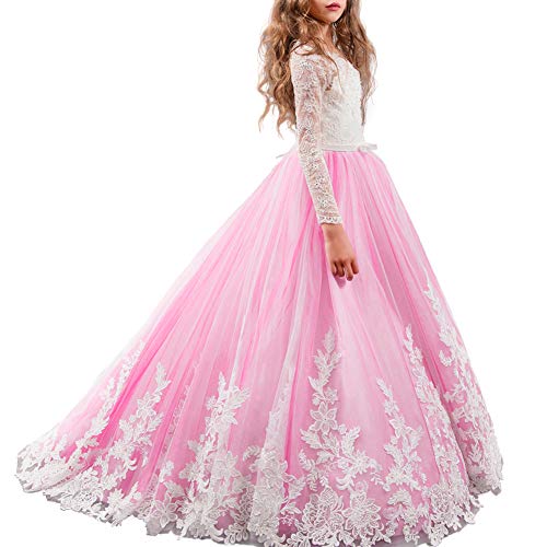 Kleid Kinder Mädchen Spitze Tüll Hochzeit Kleid Blumenmädchen Prinzessin Tutu A-Linie Festlich Festzug Brautjungfer Party Langarm Langes Kleider Vintage Abendkleid Ballkleid 12-13 Jahre von OBEEII