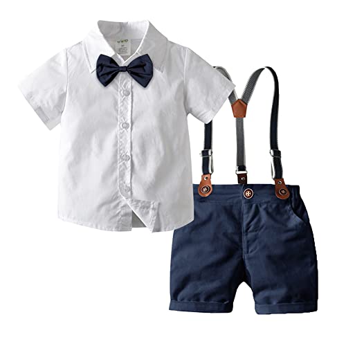 OBEEII 4tlg Baby Jungen Bekleidungssets Anzug Kleid Strampler + Hosenträger Fliege Krawatte Anzug Gentleman Festliche Taufe Hochzeit Kurze Ärmel Baby Kleikind Weißes Hemd 2-3 Jahre von OBEEII