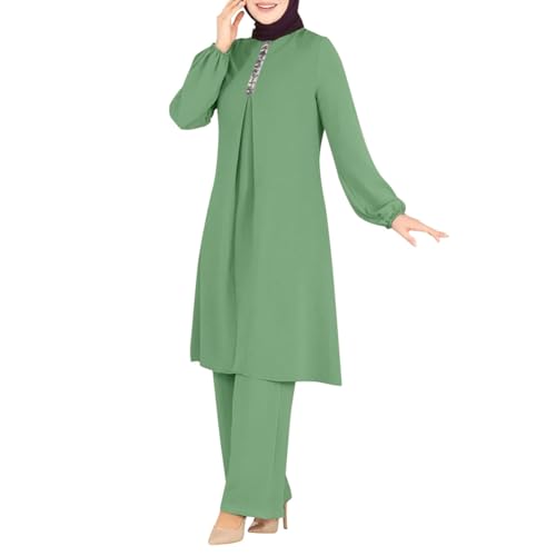 OBEEII Abaya Muslim Damen Set 2 Stück Langarm Oberteile Robe Und Hosen Corban Ramadan Outfit Naher Osten Arabisch Islamische Kleidung Grün M von OBEEII