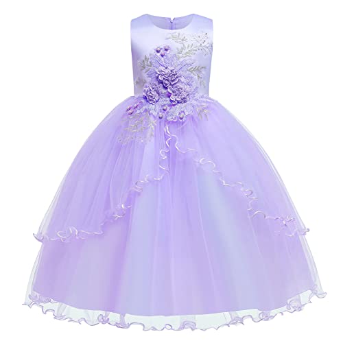 OBEEII Blumenmädchen Kleid Prinzessin Langes Mädchen Kinder Spitze Tüll Kleider Abendkleid Tüllkleid Hochzeit Feierliche Geburtstag Partei Lang Festzug Cocktailkleid, Perlenstickerei Violett 6-7 Jahre von OBEEII